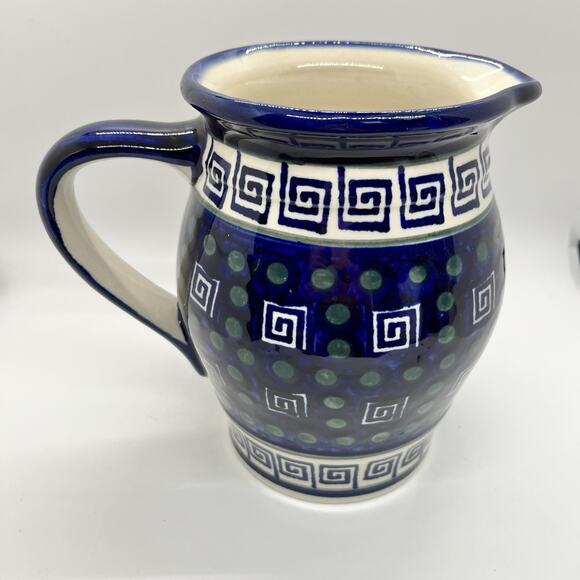 Vtg Boleslawiec Polish Pottery Pitcher Blue Greek Pattern Handmade 6.5" SEE PICS - Picture 2 of 6